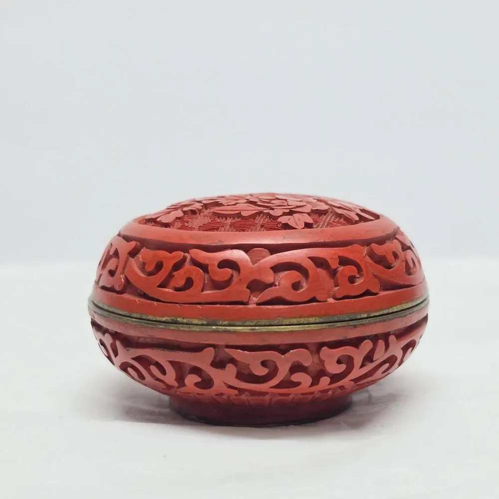 Vintage Chinese Carved Cinnabar Lacquer Trinket Box Floral Blue Enamel Interior